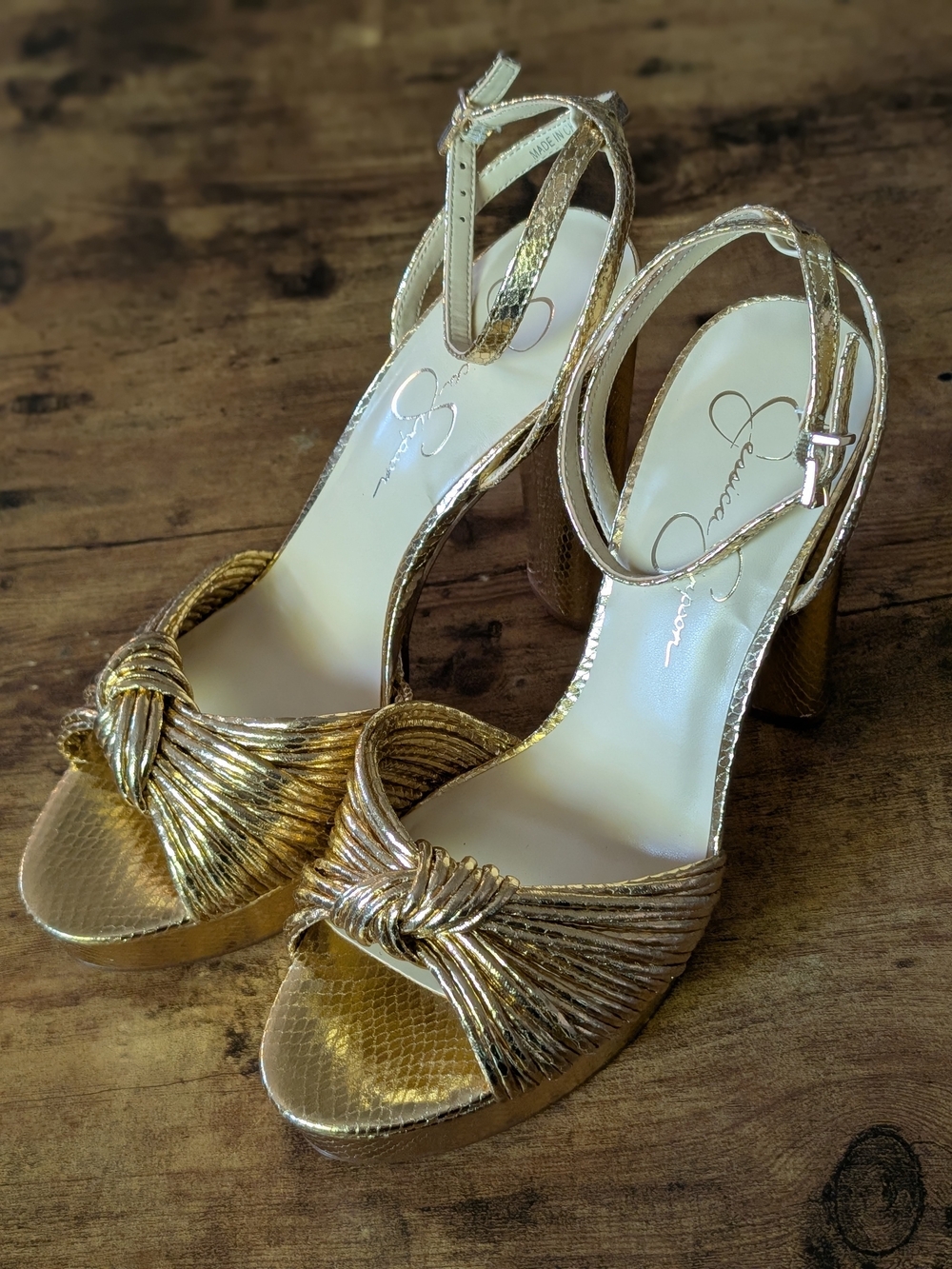 Jessica Simpson "Immie" Metallic Gold Snake Skin Print Block Heels